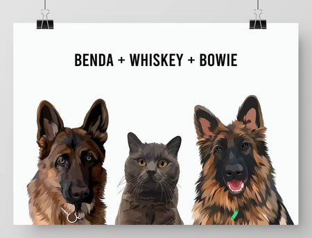 Three-pet digital portrait - Paint My Pooch