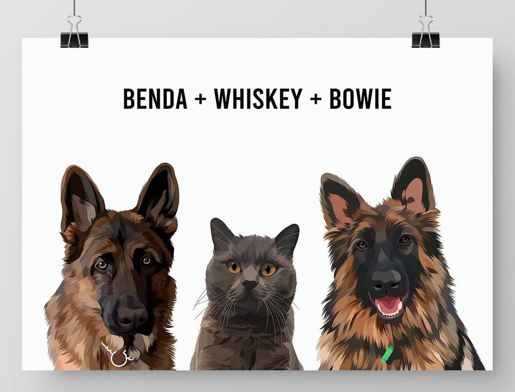 Three-pet digital portrait - Paint My Pooch